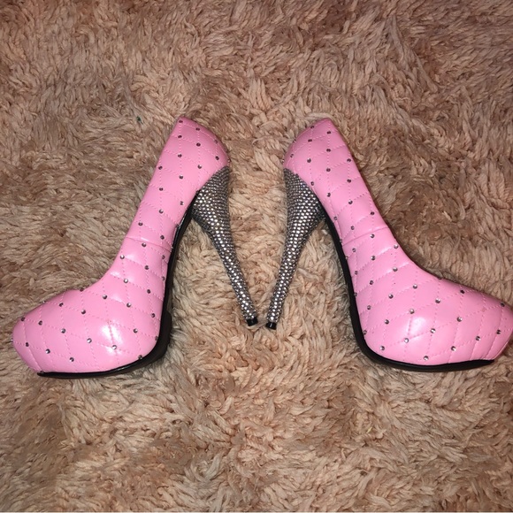 Hand Painted & Hand Studded Pink Quilted Rhinestone Heels - Picture 2 of 8